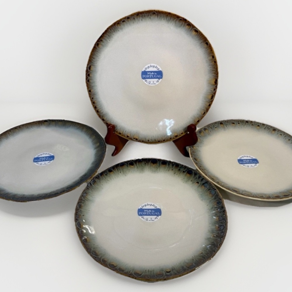 4 Matceramica made in Portugal Peacock Feather Trim 9”Plates Set Of 4 New